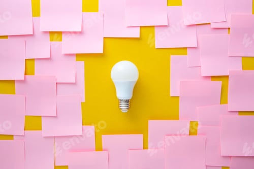 Preview: Small light bulb on a yellow wall of pink post-it notes.