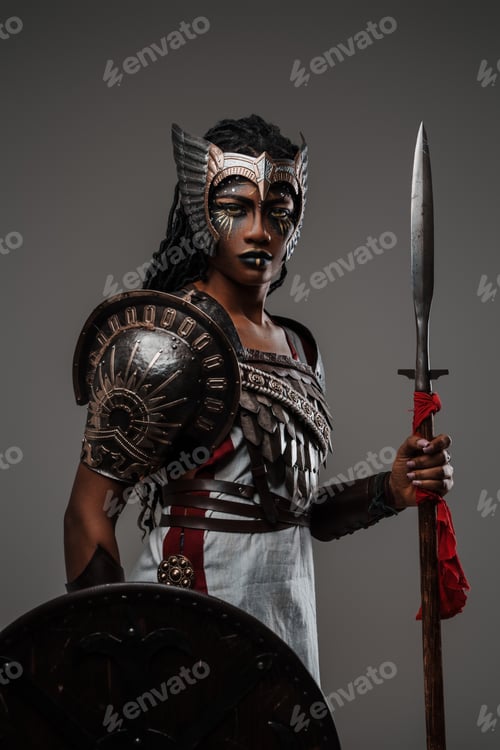 Preview: Woman warrior with shield and spear isolated on grey