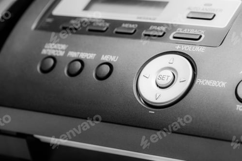 Preview: Black fax machine tool close up, business concept