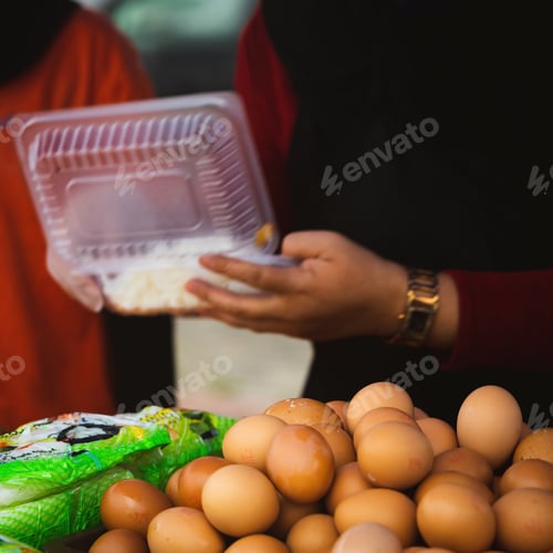 Preview: Eggs on display at the local asian shop. Food stall selling breakfast.