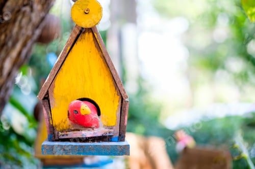 Preview: Yellow wooden home nest bird with red bird handcraft hanging on background