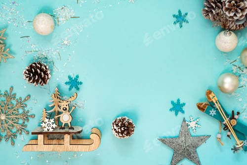 Preview: Christmas and New Year holidays background with balls and toys , winter season. Christmas greeting