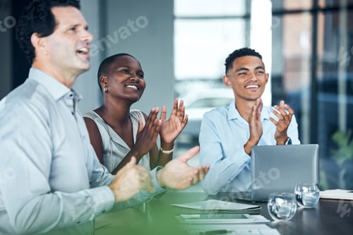 Preview: Clapping, office workshop and teamwork training in presentation, business conference or tradeshow.