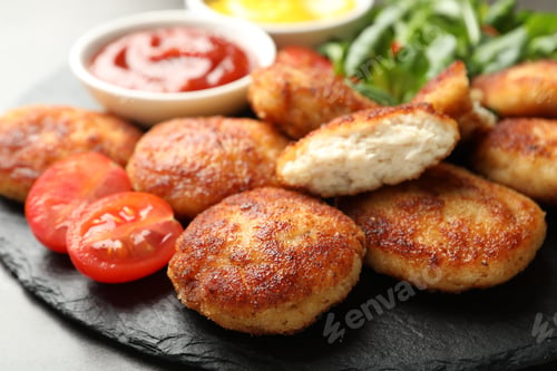Preview: Tasty patties and tomato on grey table, closeup