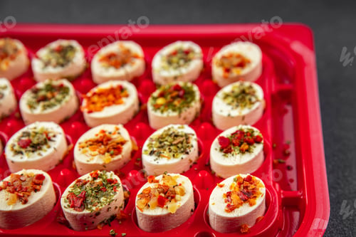 Preview: cheese appetizer soft cheese with herbs and tomatoes pieces fresh tasty food dish delicious gourmet