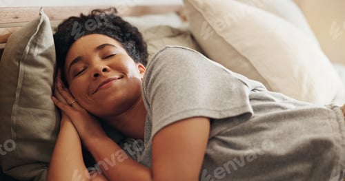 Preview: Woman, sleeping and dream in bedroom for peace, comfortable morning and relax on mattress in home.