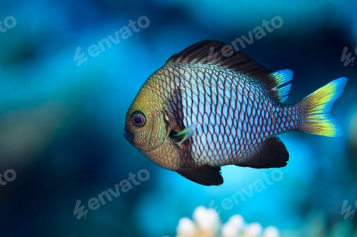 Preview: Underwater view of dascyllus flavicaudus (yellowtail dascyllus) at Palmerston Atoll, Cook Islands