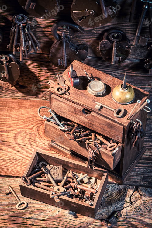 Preview: Locksmiths workshop with tools to repair. Forgotten locksmiths workplace.