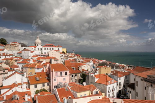 Preview: Aerial view of Alfama Lisbon downtown summer day