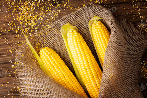 Preview: Grains of ripe corn on wooden background.Fresh corn on cobs on rustic wooden background