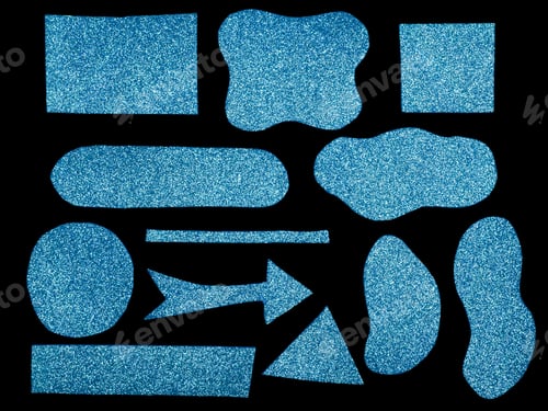Preview: A collection of diverse, blue glitter shapes on a black background