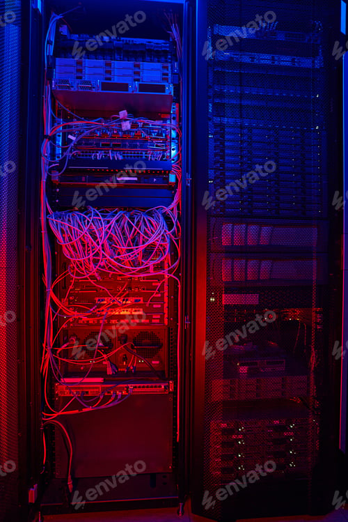 Preview: Shot image of network cables and switch in mining center