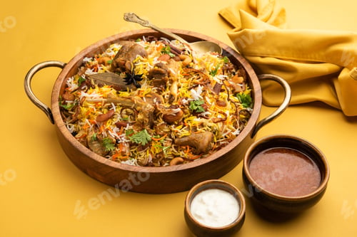 Delicious Biryani Dish Served on Bright Yellow Background
