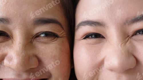 Preview: Portrait close up attractive beautiful two asian people half face cheek smile to camera
