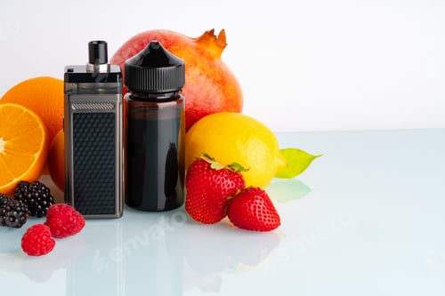 Preview: Vape and smoking liquid with fruit flavor on white background
