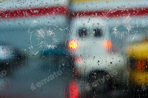 Preview: bullet holes in glass against the background of a blurred city close up