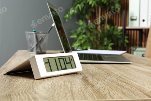 Preview: Digital clock on table in office, space for text. Time management