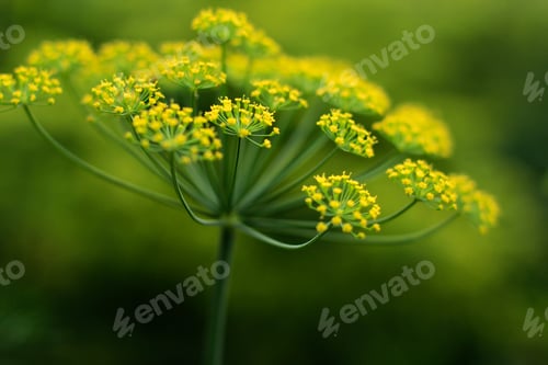 Preview: Dill umbrellas. A flowering garden plant. Fennel on blurred background. Selective focus.