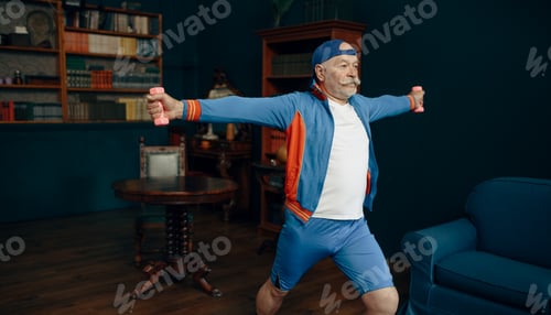 Preview: Elderly sportsman doing exercise with dumbbells