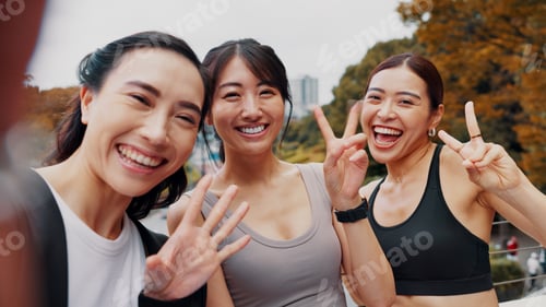 Preview: Fitness, friends and selfie of women in portrait outdoor together for workout break, laugh and face