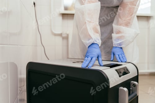 Preview: Gloved hands in protective gown close the lid of medical freezer