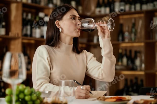 Preview: Young Adult Caucasian Woman Tasting Red Wine and Taking Notes in Winery