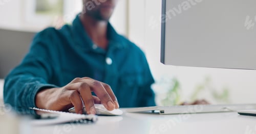 Preview: Office computer mouse, hands and black man working feedback review of social media, customer experi