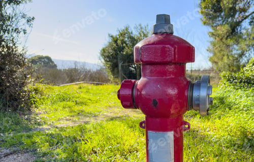 Preview: Fire fighting public system. Fire hydrant hose connection red color in Greece. Safety in extinguish.
