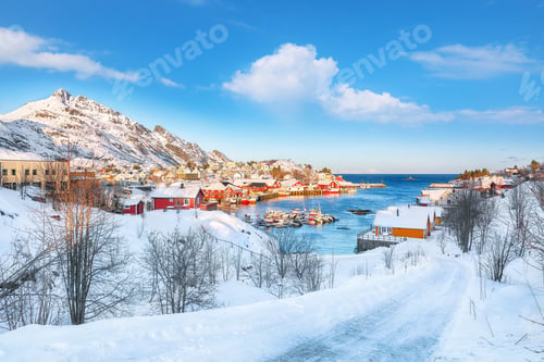 Preview: Outstanding morning seascape of Norwegian sea and cityscape of Sorvagen town.