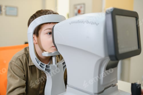 Preview: Boy undergoing eyesight examination with autorefractor in ophthalmology clinic