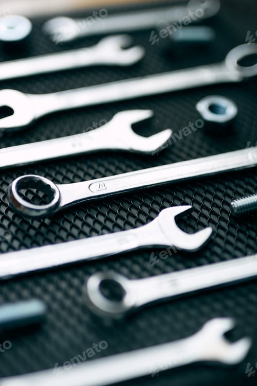 Preview: Mechanic tools for maintenance. Hardware tools to fix. Technical tools background. Repair and fix