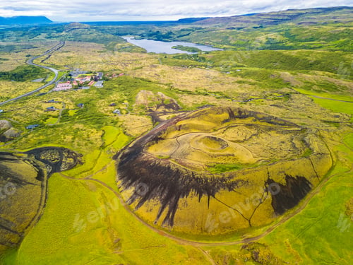 Preview: Aerial drone view of the Grabrok Volcano crater in Iceland
