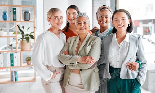 Preview: Diversity, portrait and business women with support, teamwork and group empowerment in office leade