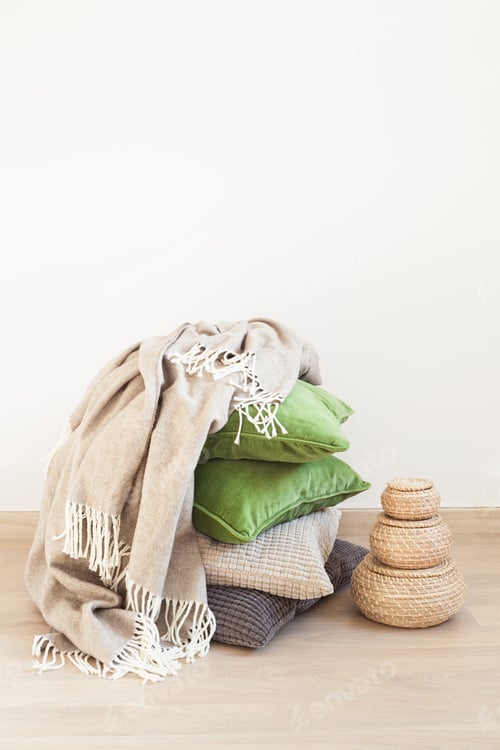 Preview: gray and green cushions, throw. cozy home
