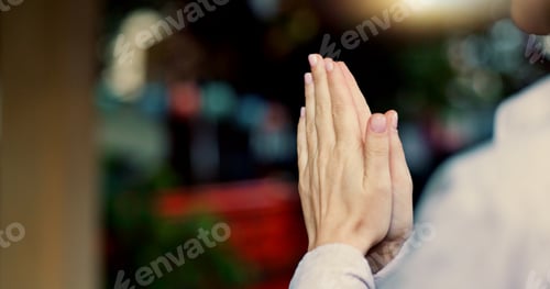 Preview: Hands, prayer and closeup for temple for spiritual peace, mindfulness or god gratitude. Person, pra