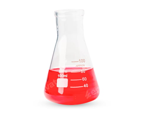 Preview: Erlenmeyer flask, conical flask glassware with red color liquid solution in science