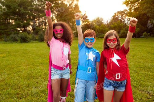 Preview: Group of diverse superhero kids standing with fists up