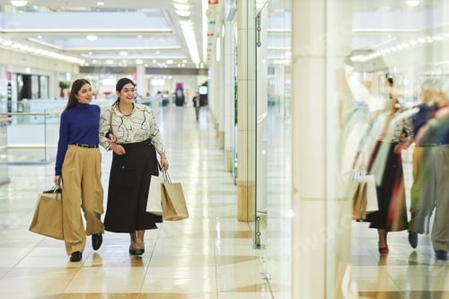 Preview: Two Smiling Women Walking in Shopping Mall