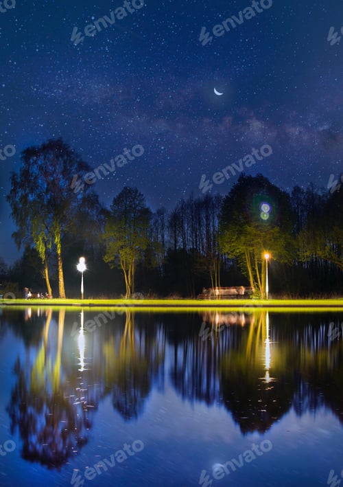 Preview: Beautiful shot of a lake with park lights reflection on it under a starry sky with the moon