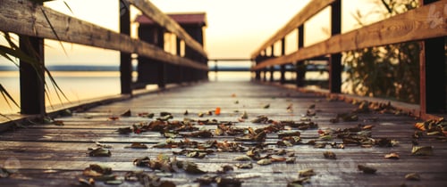 Preview: sunset on a wooden pier. Autumn landscape with falling leaves