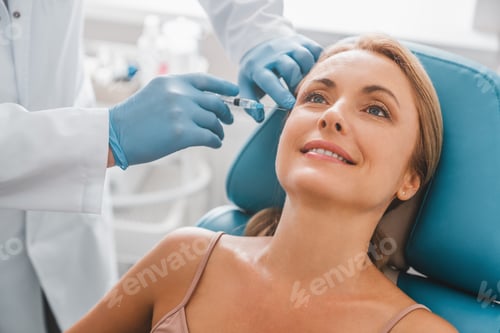 Preview: Beautiful middle aged woman get injection in clinic. Cosmetology and beauty concept