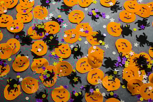 Preview: Halloween Confetti Pumpkins Spiders Stars on Gray Surface