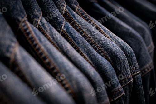 Preview: Selective focus on jacket jeans hanging on rack in clothes shop. Denim jeans with jeans pattern.