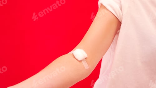 Preview: Woman With Cotton Wool Taped To Arm After Injection Or Vaccination Against Red Background