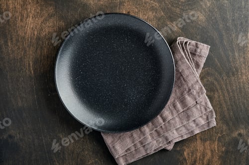 Preview: Empty black plate, cutlery and napkin on old wooden table top view. Table setting.