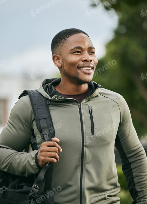 Preview: Fitness, travel or happy black man walking to gym for training, exercise or workout with duffle bag