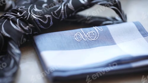Preview: Fragment of a men's shirt with a tie on floor. men's tie and handkerchief. Men's suits dress