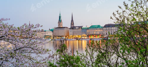 Preview: Beautiful panoramic view of Alster river and Hamburg town hall - Rathaus at spring earning evening