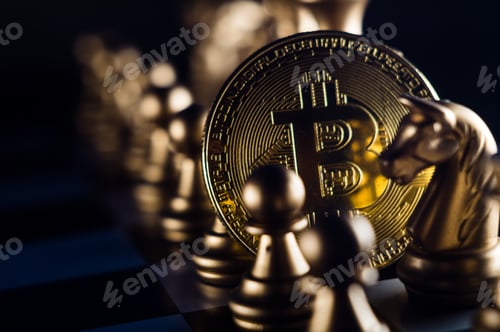 Preview: Closeup shot of crypto coin with chessmen on a chessboard- introducing investments strategies