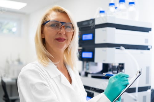 Preview: Female scientist documenting HPLC chromatography results in chemical research laboratory